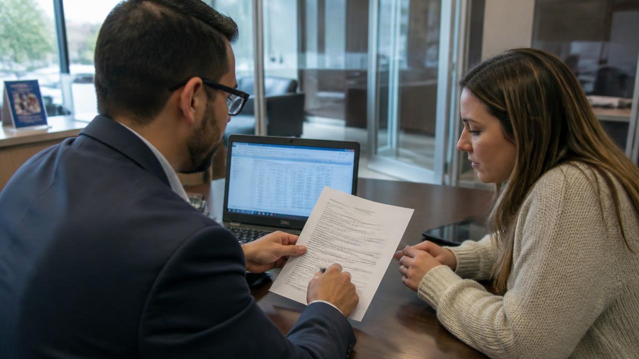 Empresária e gerente de crédito analisando contrato de capital de giro e planilha de fluxo de caixa em uma agência bancária na Bahia
