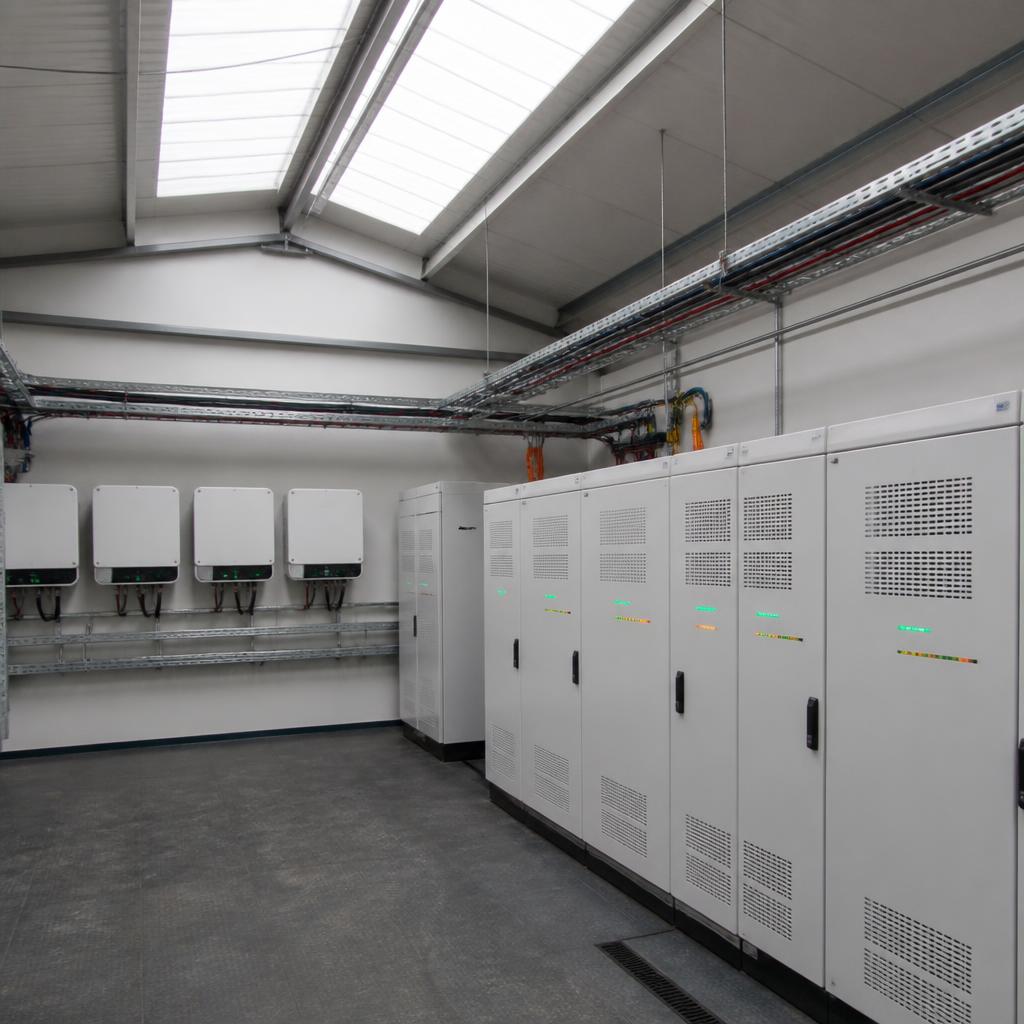 Sala técnica de sistema de armazenamento por baterias BESS com inversores híbridos e armários de lítio conectados a inversores solares em planta industrial na Bahia