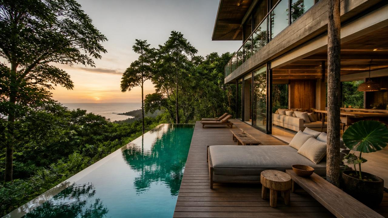 Casa de temporada em Itacaré com deck de madeira, piscina de borda infinita e vista para a mata atlântica ao pôr do sol