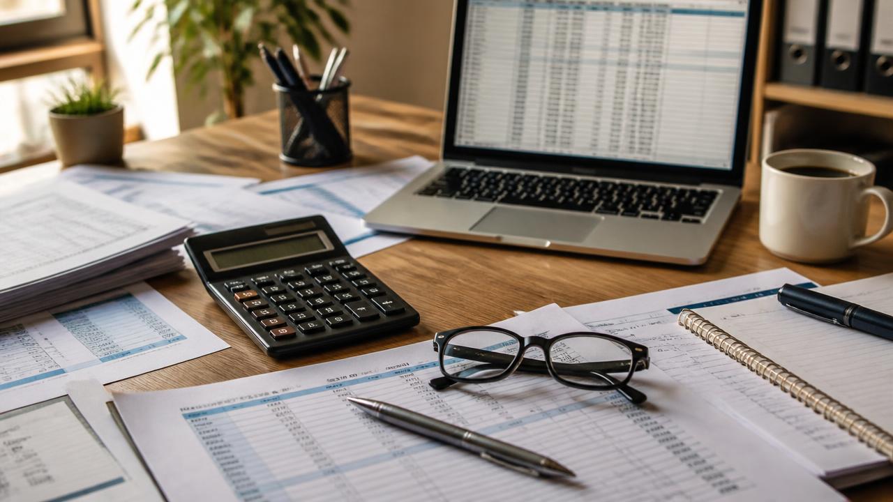 Mesa de escritório de contabilidade com planilhas impressas, calculadora, notebook e óculos, usada na análise de regime tributário de empresa na Bahia