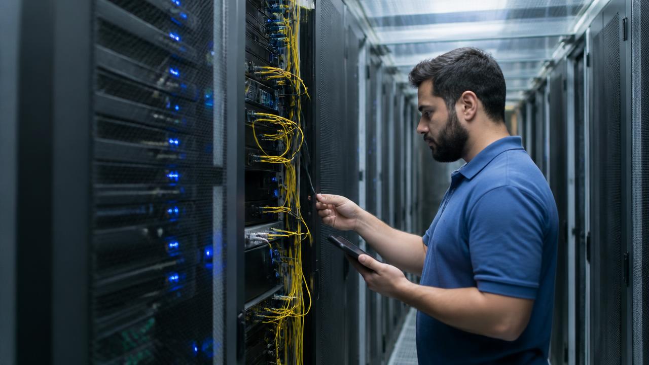 Técnico verificando cabeamento de fibra óptica em corredor de racks de servidores dentro de um data center moderno