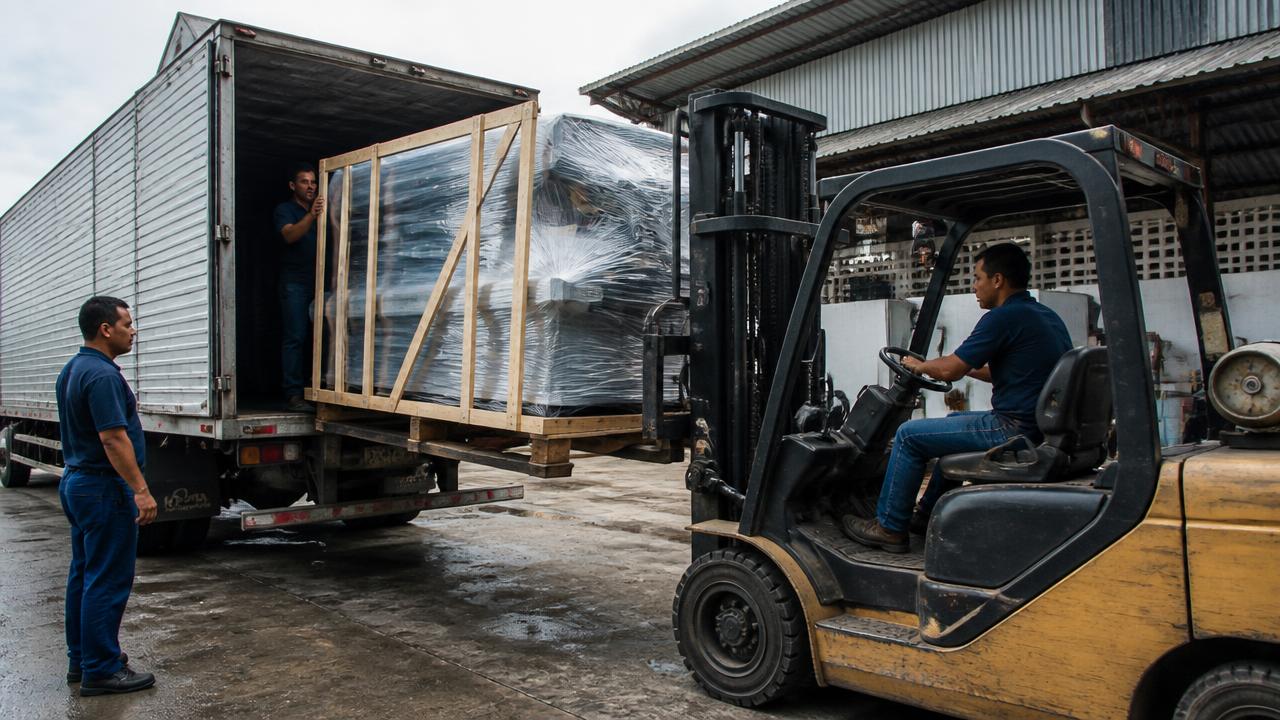 Empilhadeira descarregando máquina industrial encaixotada em doca de fábrica na Bahia, com operadores acompanhando a manobra