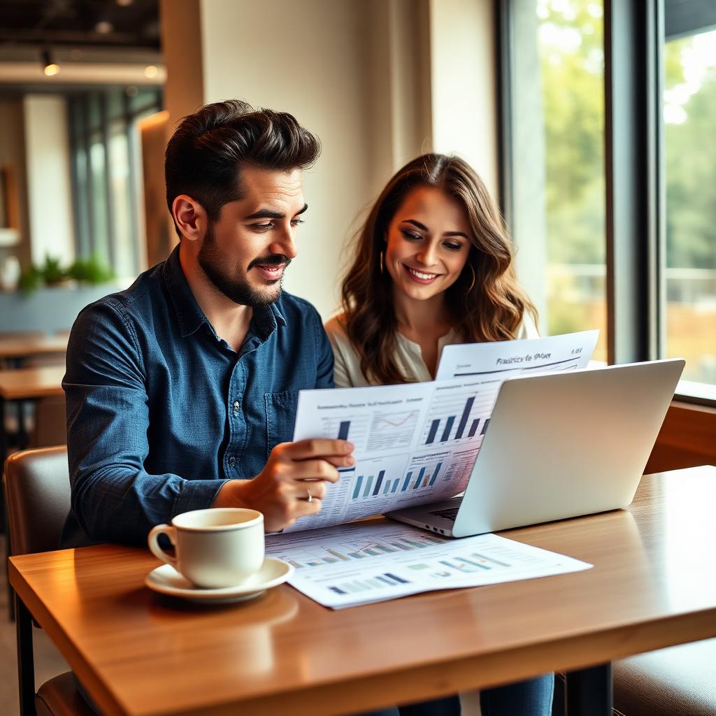 Casal de empreendedores brasileiros analisando plano de negócios de franquia em um café em Salvador, com laptop aberto mostrando gráficos financeiros e documentos sobre a mesa