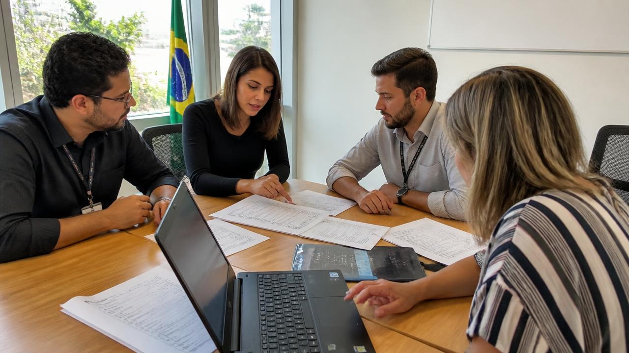 Equipe de uma empresa brasileira reunida analisando política de proteção de dados e checklist de conformidade com a LGPD sobre a mesa de reunião